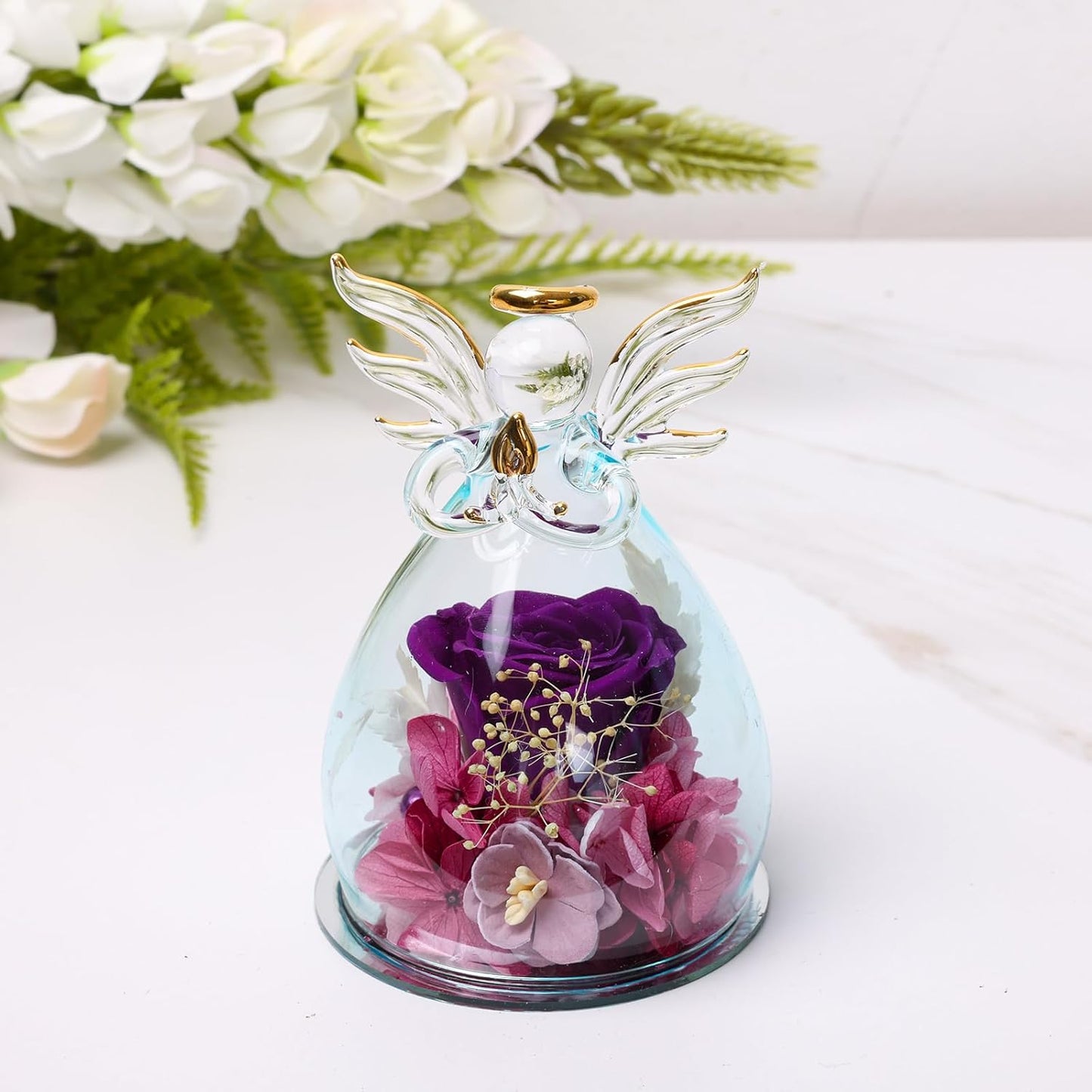 ANLUNOB Preserved Flower Rose in Angle Tea Coffee Mug with Spoon Artisan Enamel Glass Tea Cup Elegant Floral Design Birthday Anniversary Mother Day Valentines Gifts for women mom grandma friends