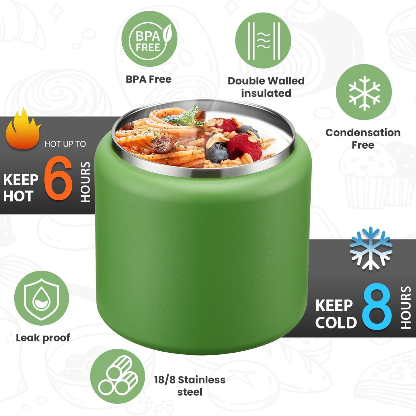 Soup Thermo for Hot Food Kids 25.5oz Lunch Containers with Buckle Lid Wide Mouth Hot Food Jar Vacuum Insulated Stainless Steel Bento Box Leakproof with Spoon(Green)