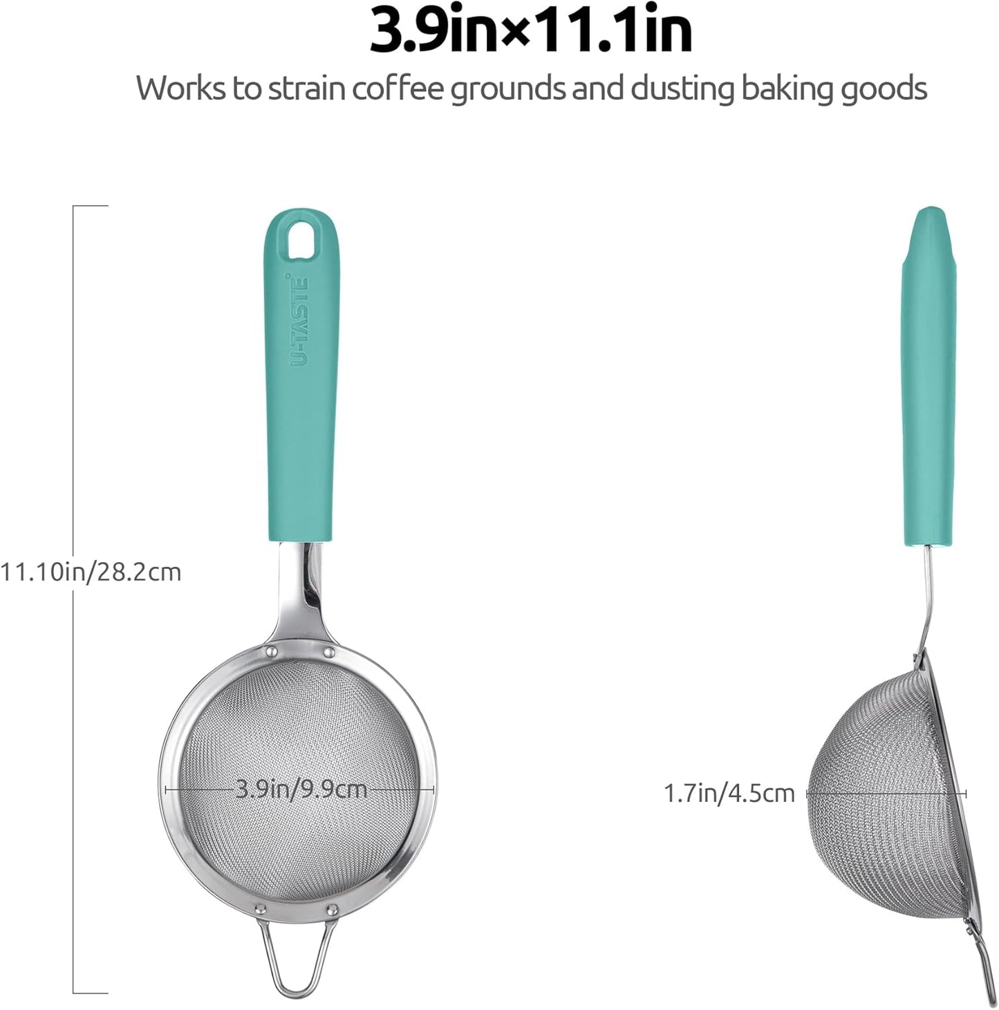 18/8 Stainless Steel Mesh Strainer: U-Taste 3.9 Inch Kitchen Fine Mesh Sieve Food Colander with Riveted Sturdy Silicone Handle and 30 Mesh Hole for Straining Flour, Quinoa, Tea, Juice (Aqua Sky)
