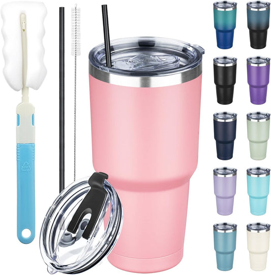 30 oz Tumbler with Lids and Straws, Stainless Steel Insulated Coffee Tumbler, Double Wall Vacuum Insulated Travel Mug Cup, Leakproof Thermal Coffee Cup for Hot and Cold Drinks (Light Pink)