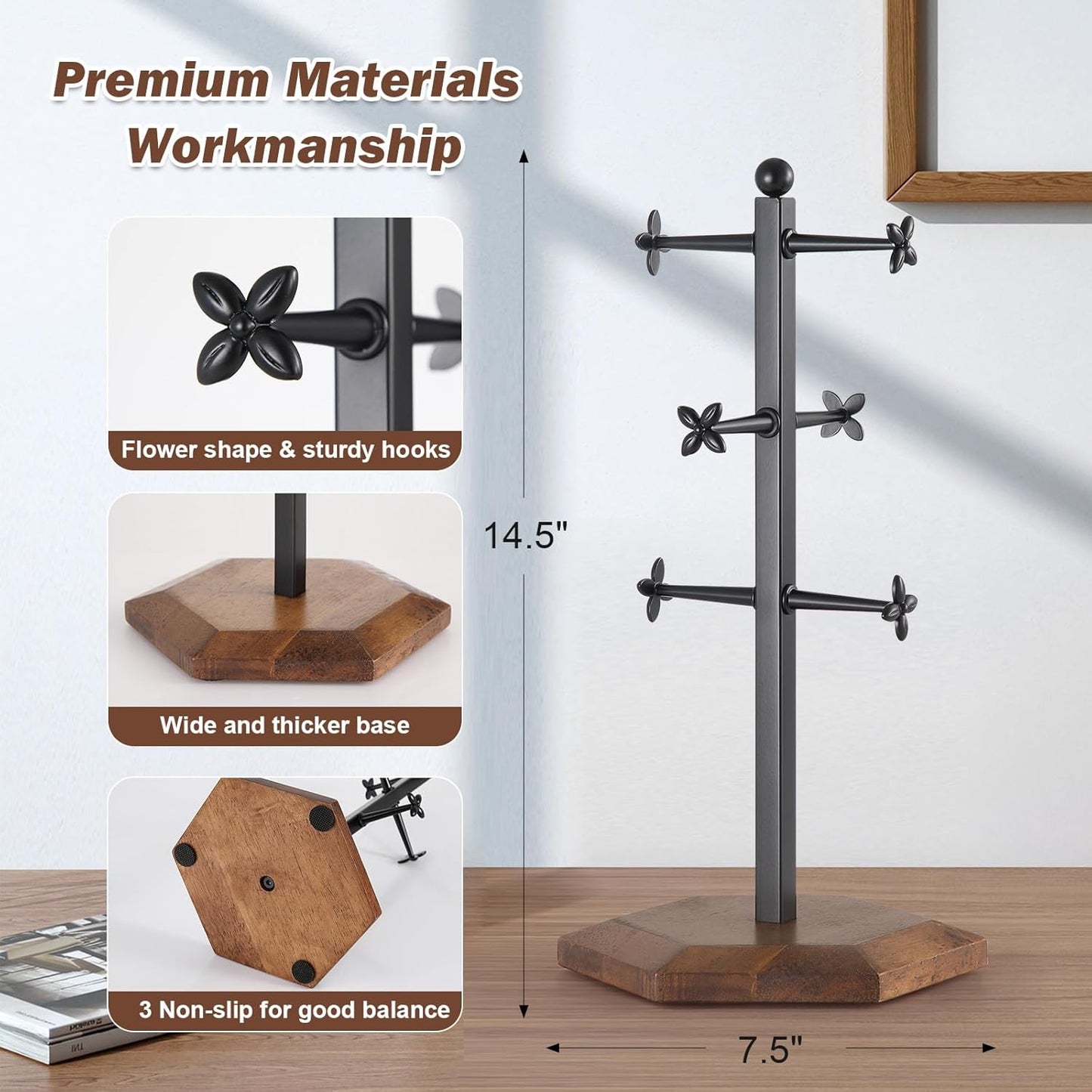 Mug Holder, Countertop Mug Tree, Coffee Mugs & Tea Cup Storage Rack, Coffee Counter Bar Accessory & Kitchen Organizer (Black Vintage Colors)