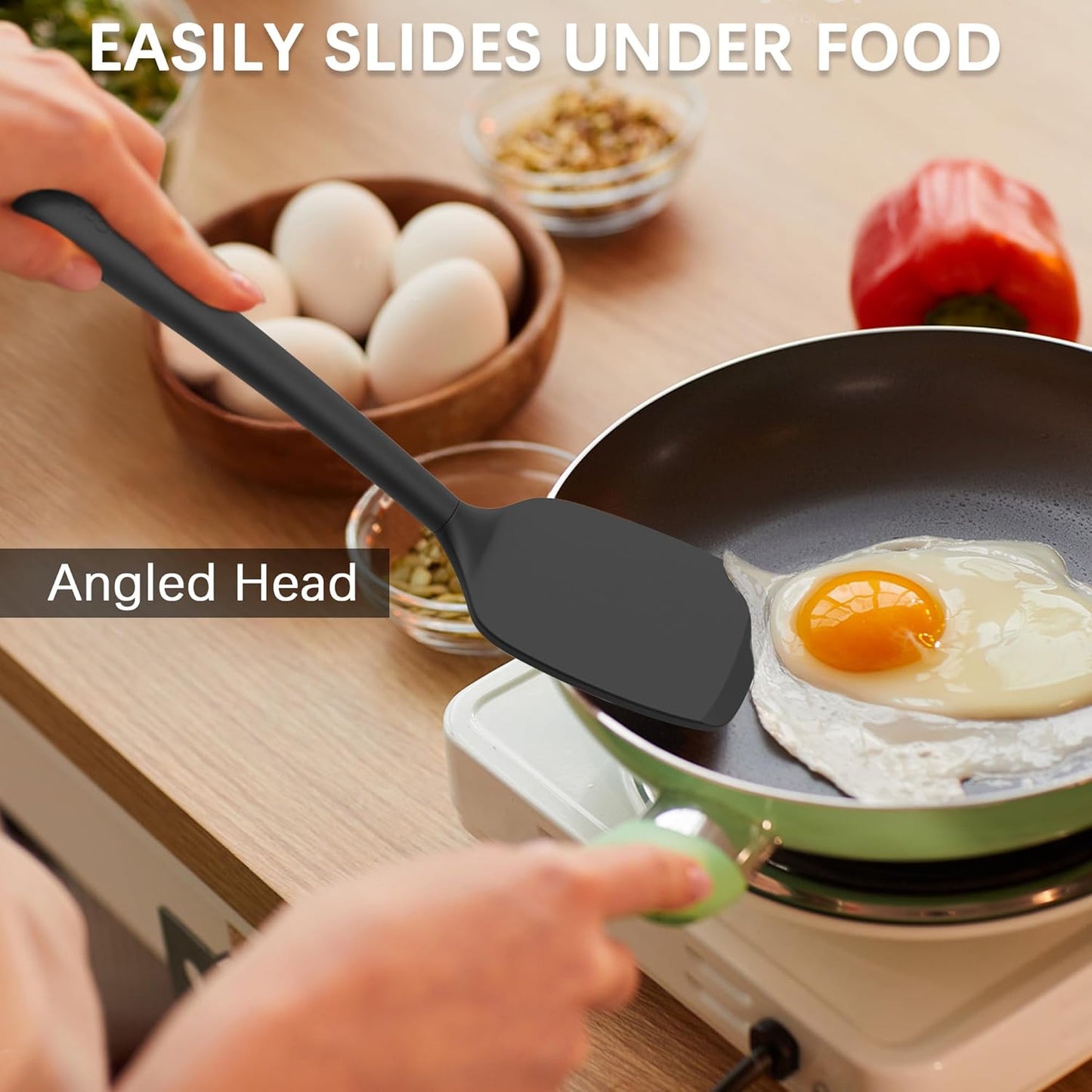 Coukre Silicone Spatula Set of 3, High Heat Resistant, BPA-Free, Kitchen Utensils, Fish Spatula, Solid & Slotted Turner for Non-Stick Pans, Flipping Eggs, Pancakes, Fish, Burgers (3, PureBlack)