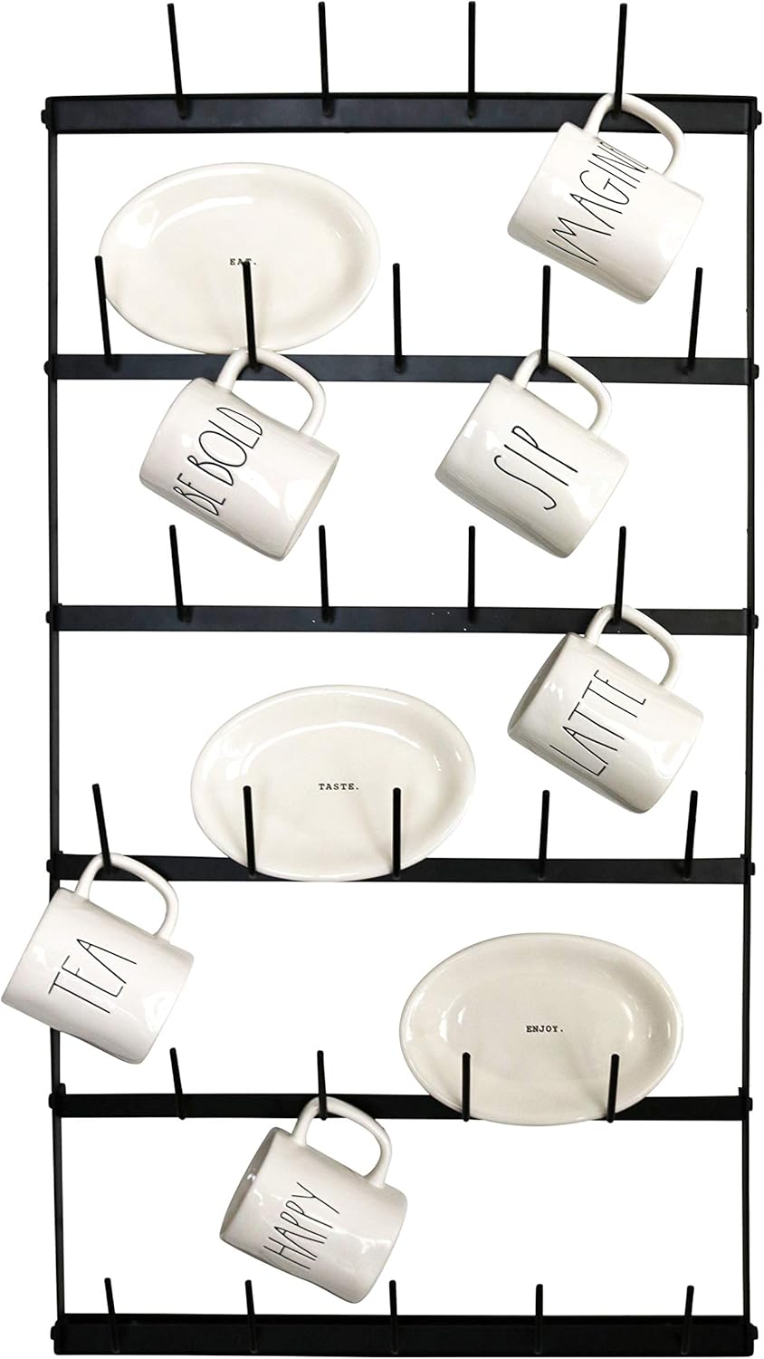 Wall Mounted Coffee Mug Rack - Large Rustic Black Iron Steel Kitchen Rack with 6 Rows - Storage for 27 Cups - Jar & Plate Holder - Vertical Display Organizer - Farmhouse Home Décor - Claimed Corner