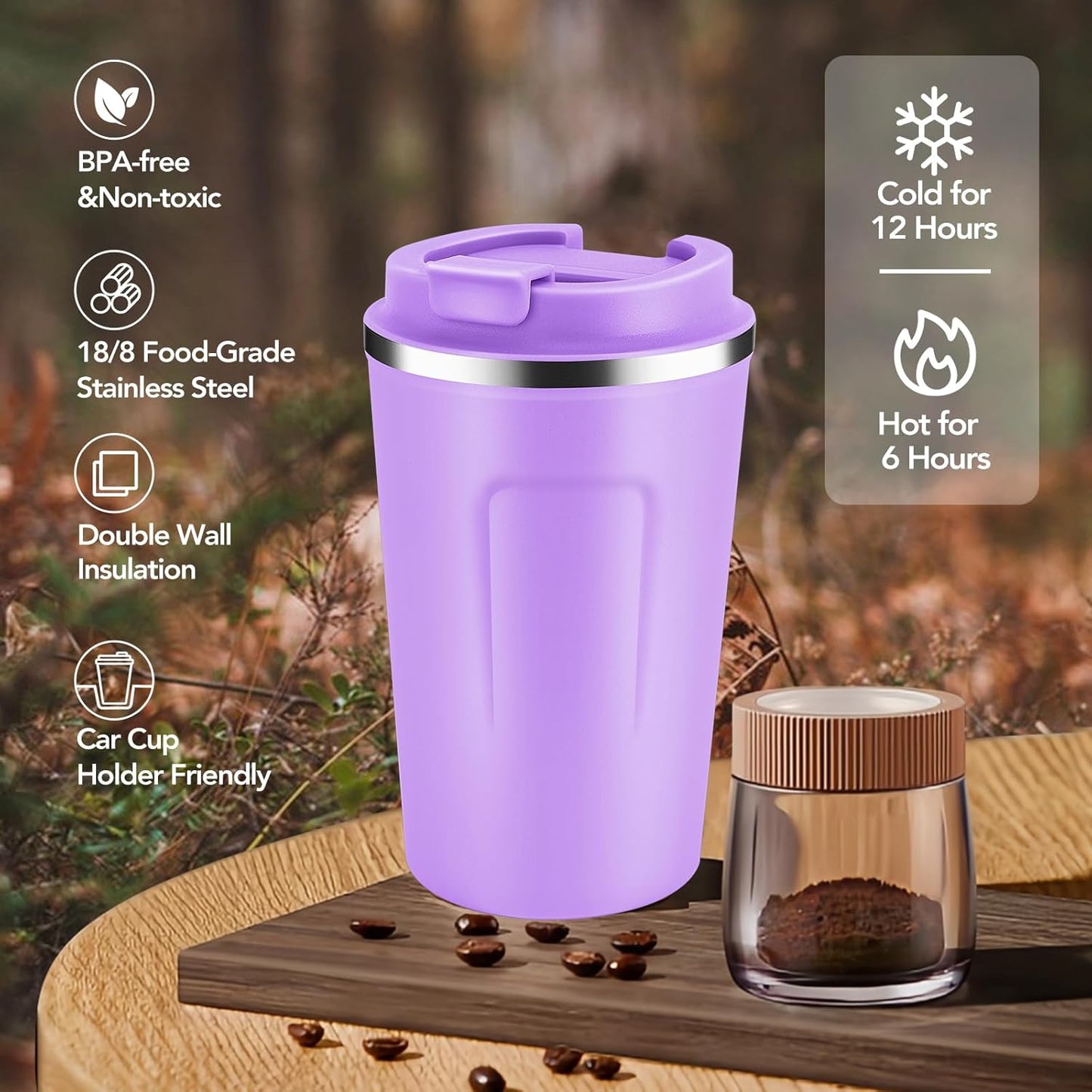 Volhoply 12 oz Double Wall Insulated Vacuum Travel Coffee Mugs with Flip Lid Bulk 2 Pack,Reusable Stainless Steel Leak Proof Coffee Cup,Portable Cafe Thermal Tumbler for Hot&Cold Drinks(Purple,2 Set)