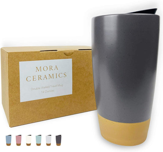 Mora Double Wall Ceramic Coffee Travel Mug with Lid, 14 oz, Portable, Microwave, Dishwasher Safe, Insulated Reusable Tall Cup, Splash Resistant Lid - To Go Tumbler for Car Cup Holder, Nightwaves