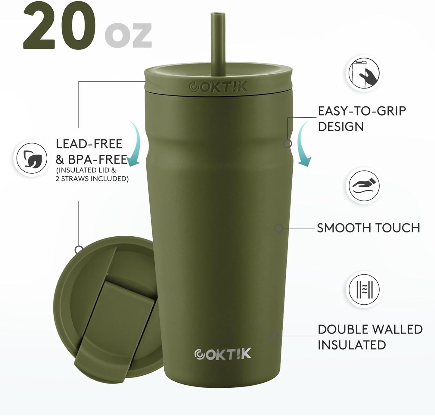 COKTIK 20oz Insulated Tumbler with Lid and Straw 2 Lids (Straw/Flip) Iced Coffee Cup Reusable Stainless Steel Travel Mug Water Bottle Cupholder Friendly for Women Men Her Him (Olive)