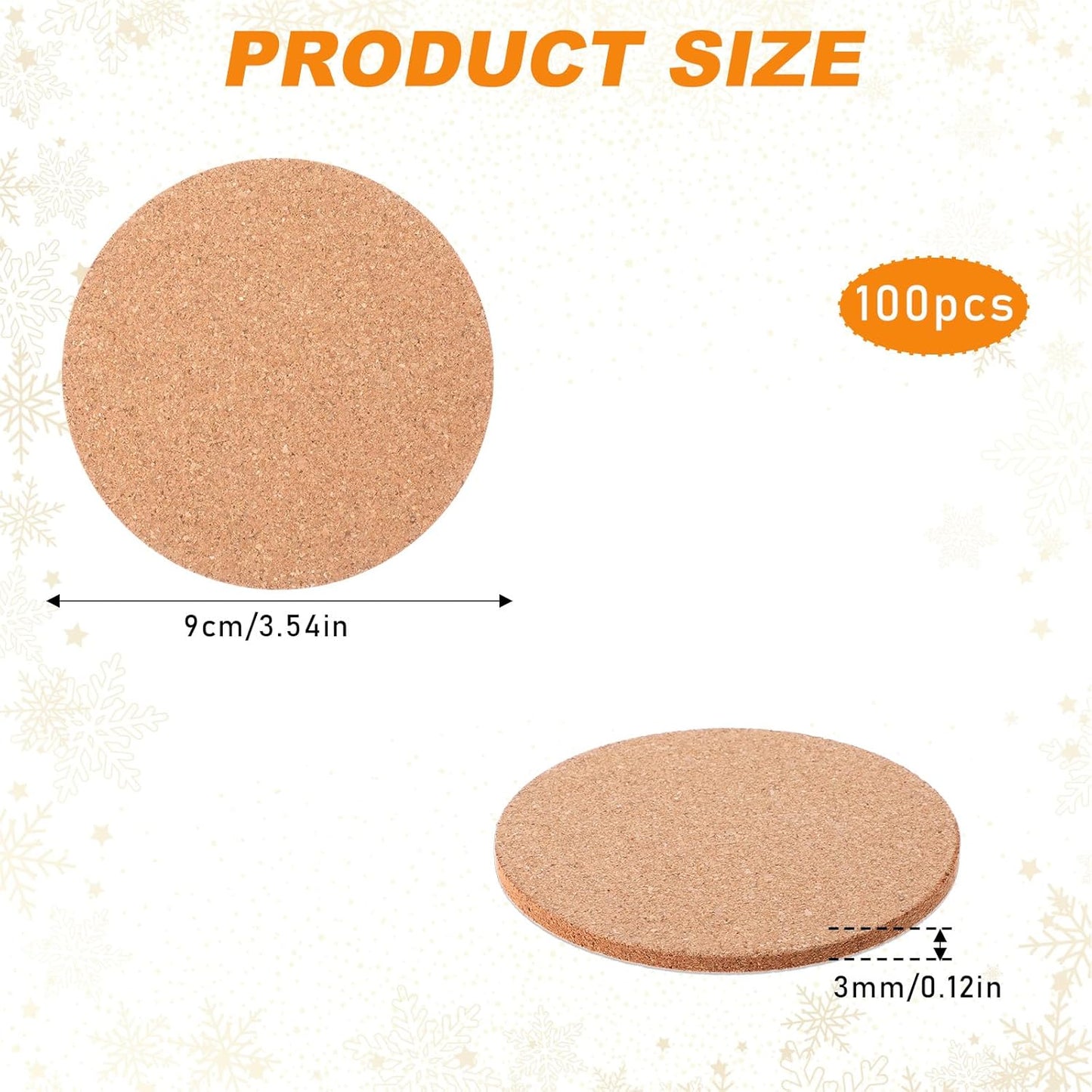 100Pcs Cork Coasters for Drink, 3.5" Round Natural Cork Pads, Thick Absorbent Corks Coasters Bulk, Blank Coaster for Crafts DIY for Wedding, Coffee Bar, Home Decor