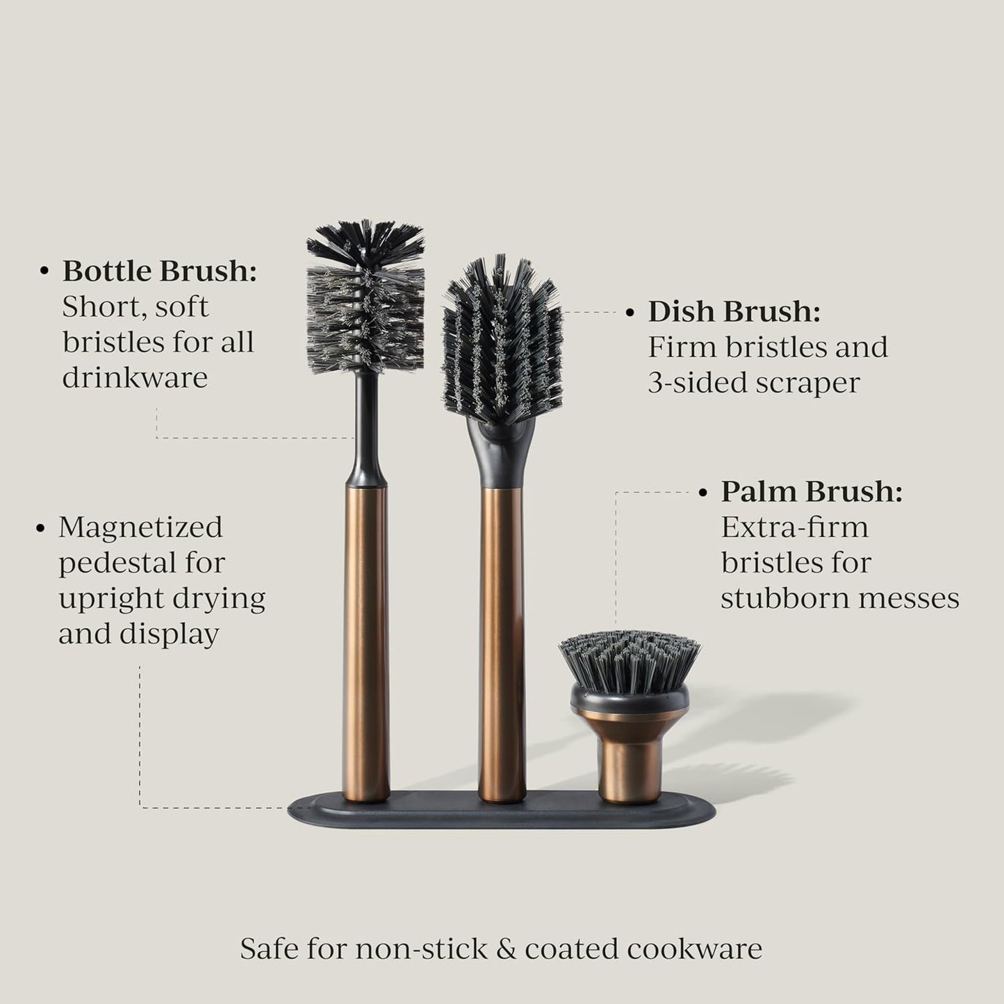 Ionic Brush Set, Magnetized to Stand Upright, Stainless Steel with Replaceable Heads, Bronze