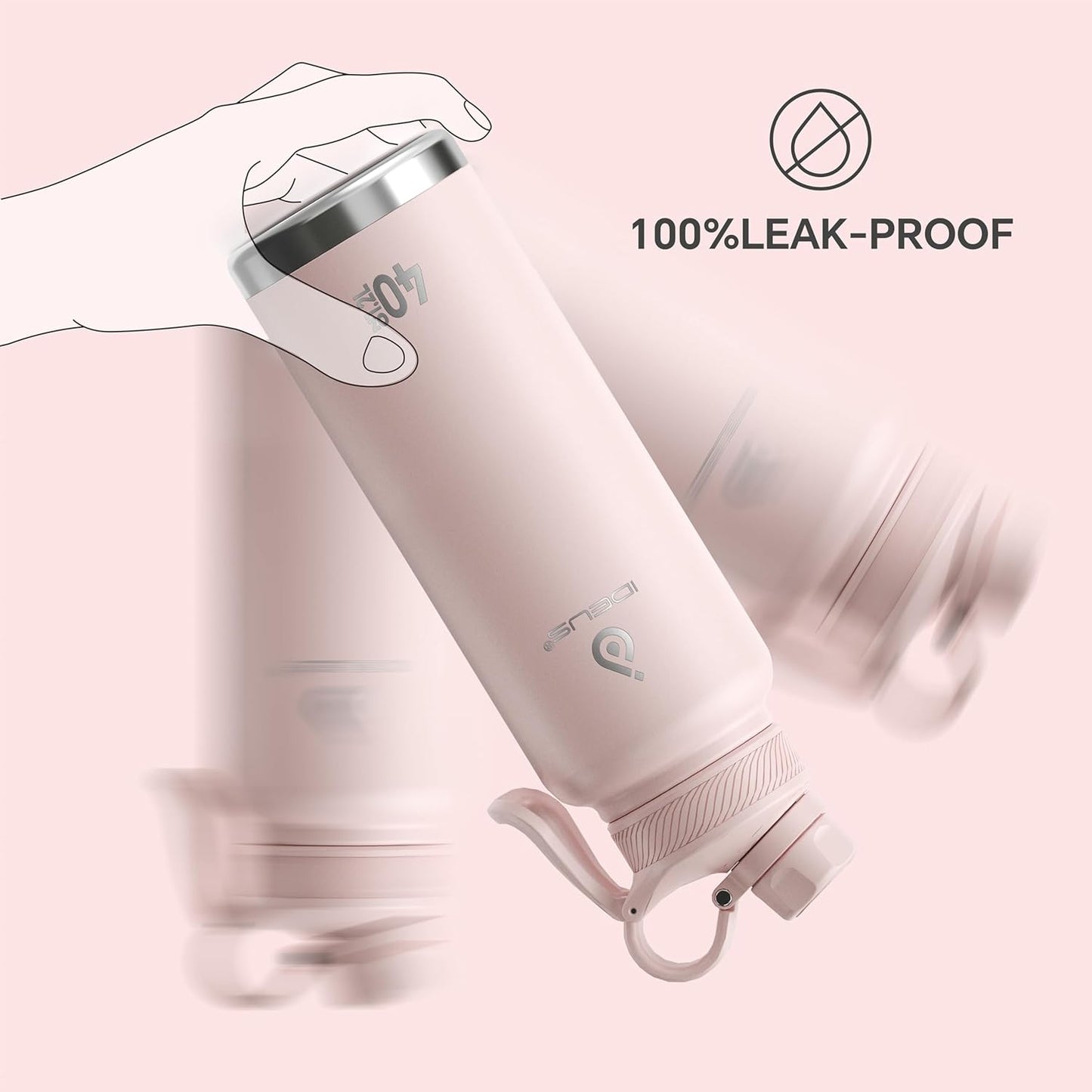 IDEUS Insulated Stainless Steel Water Bottle with 2 Leak-Proof Lids, Thermal Water Flask for Hiking Biking, 40oz, Light Pink