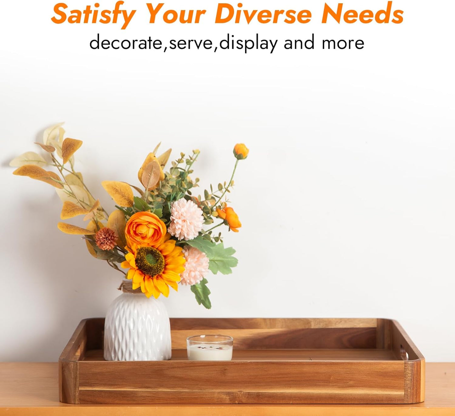 Wooden Serving Tray with Handles,Rustic Ottoman Tray for Kitchen Counter/Coffee Table/Living Room Decor,Versatile Tray for Party Picnic Barbecue