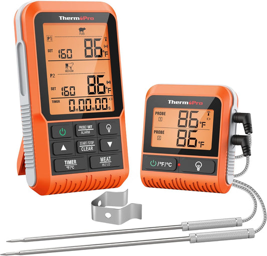 ThermoPro TP826 500FT Wireless Meat Thermometer, Dual Meat Probe Cooking Thermometer with HI/Low Alert, Food Grill Temperautre probe, Outdoor Fryer Accessories for BBQ, Smoker, Oven, Grilling Gift
