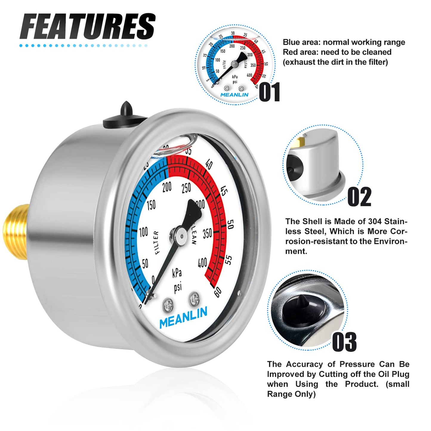 MEANLIN MEASURE 1/4" NPT 0-60psi Pressure Gauge, 2" Dial Glycerine Filled Pool Filter, 304 Stainless Steel Housing, Back Mount, with 1/2" NPT and 3/8" NPT Hex Bushing
