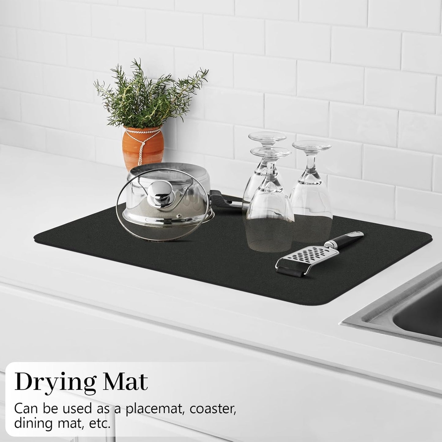 Bloss Coffee Mat, Dish Drying Mat for Multiple Usage, Coffee Bar/Maker Mat, Kitchen Counter Mat, Absorbent Hide Stain Rubber Backed Dish Drying Pad(12.2"x19.7", Black)