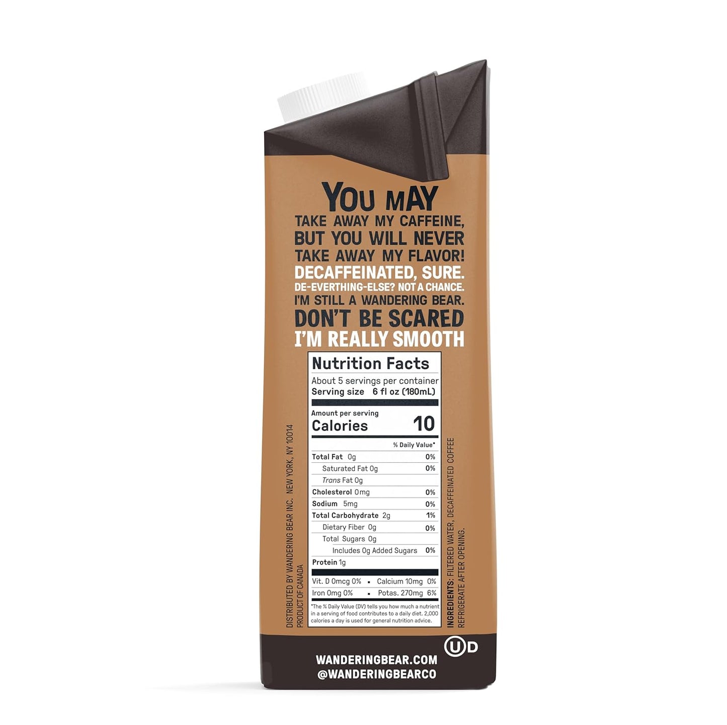 Wandering Bear Decaf Cold Brew Coffee, 32 fl oz, 6 pack - Extra Strong, Bold, Smooth, Unsweetened, Shelf-Stable, Ready to Drink, Iced Cold Brewed Coffee Drinks - Gluten Free & Vegan Decaf