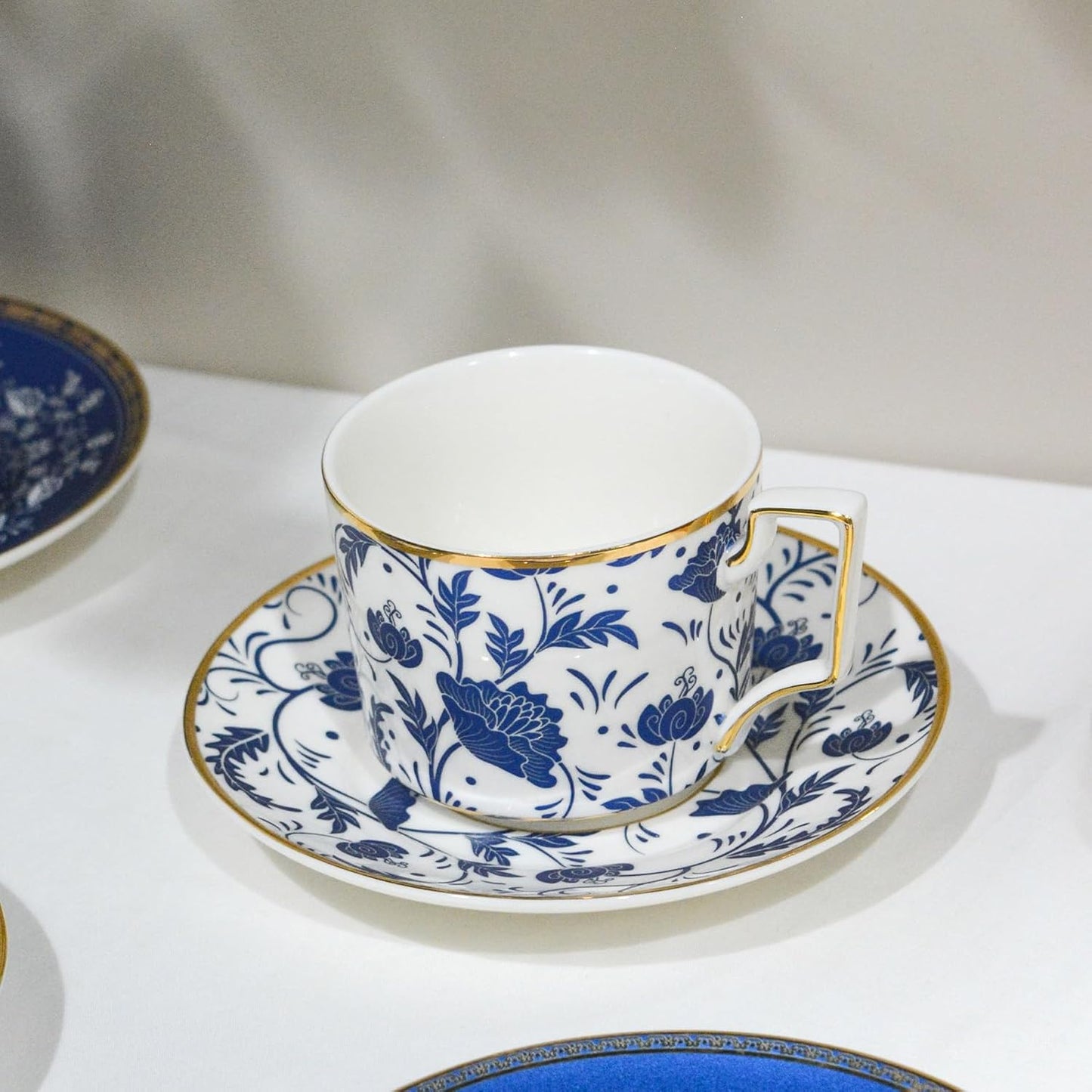 ACMLIFE Bone China Tea Cups and Saucers Set of 4, 6.8 oz Blue and White Tea Cups Set of 4, with Gold Trim and Gift Box (Blue-4)