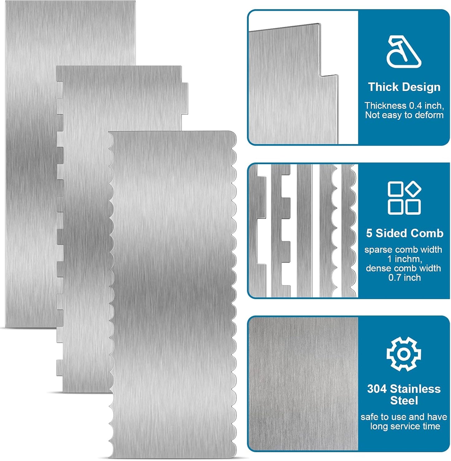 3 Pieces Stainless Steel Cake Scraper 10 Inch and 9 Inch Large Double Sided Patterned Edge Stripe Edge Smoother Scraper Cake Decorating Comb Pastry Cutter for Butter Mousse Cream Decoration