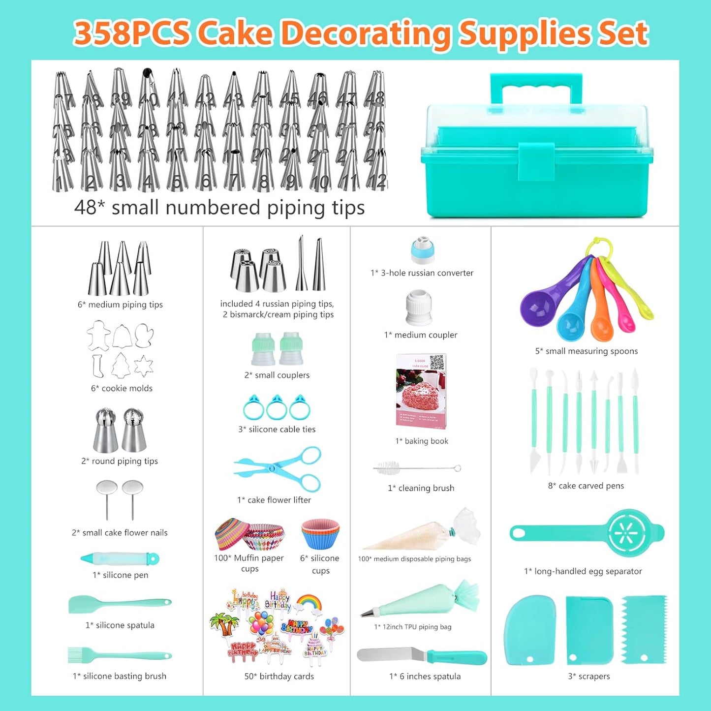 Cake Decorating Supplies Tools Kit: 358 pcs Baking Accessories with Storage Case - Piping Bags and Icing Tips Set - Puffs Christmas Cookie Cutters Cupcake Set for Beginners or Professional, Mint Green