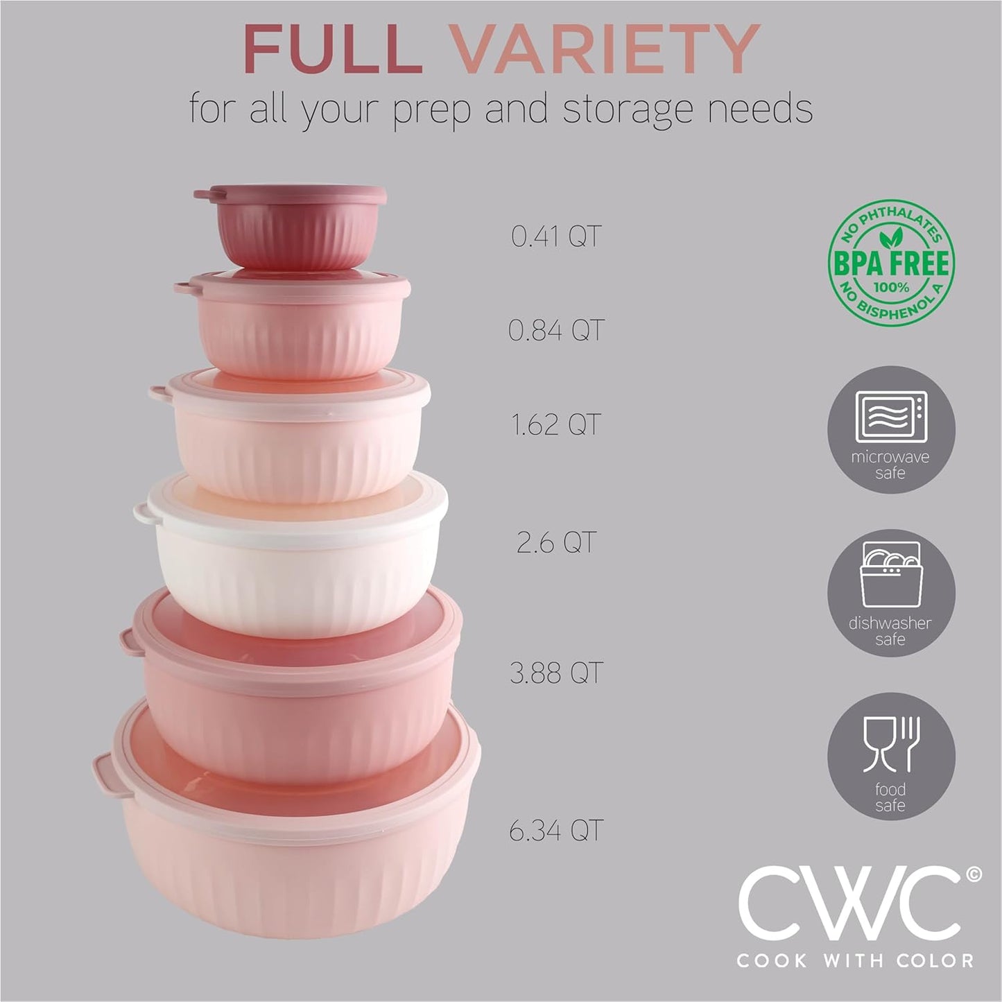 COOK WITH COLOR Prep Bowls with Lids- Wide and Deep Nesting Plastic Small Mixing Bowl Set with Lids, 12 Piece Set - Wide Bowls, Pink