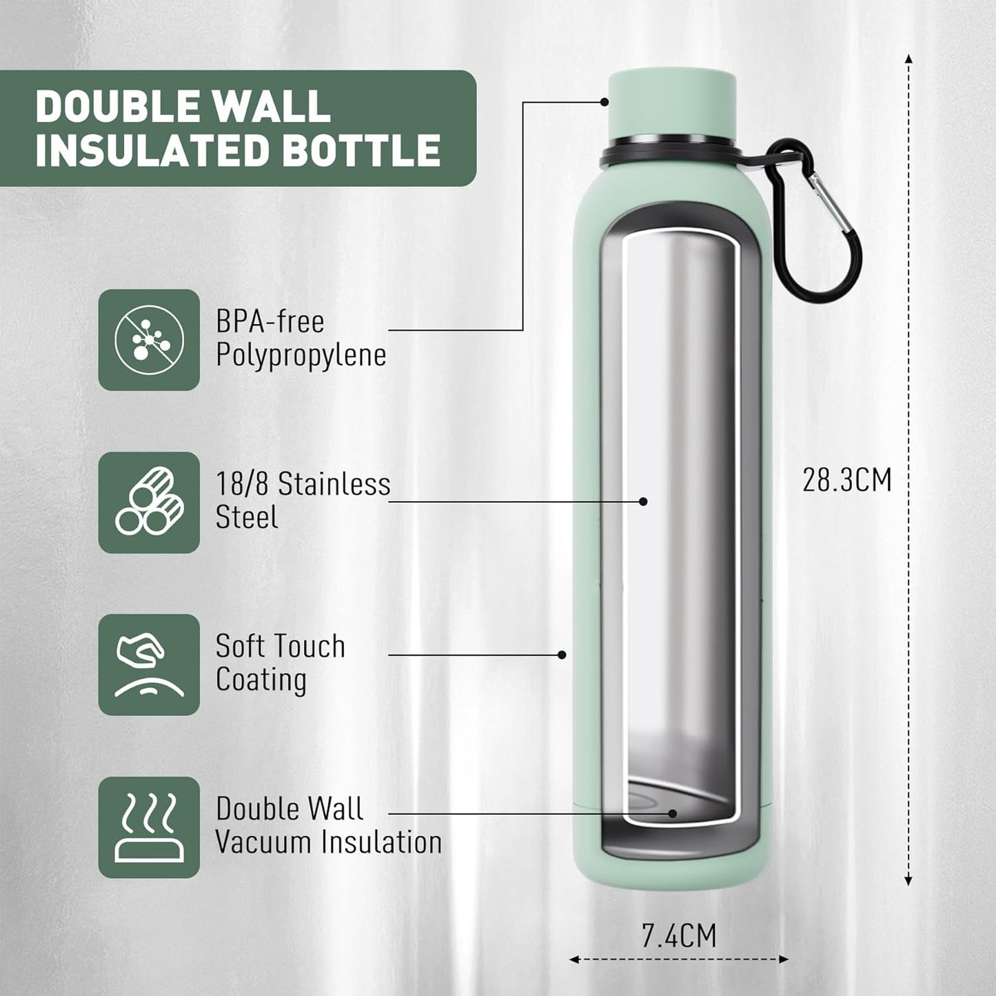 Slim Insulated Water Bottles for Travel 25oz with Clip, Double Wall Vacuum Stainless Steel Water Bottle Keeps Drinks Cold 24 Hrs/Hot 12 Hrs, 100% Leakproof, BPA Free(Mint)