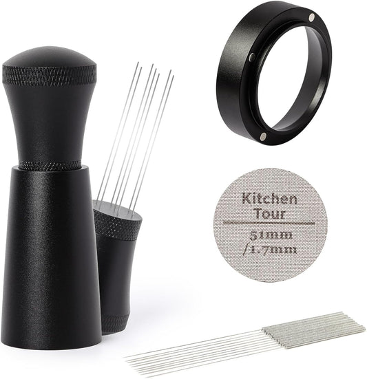 KitchenTour Espresso Accessories Kit 51mm, WDT Tool, Dosing Funnel and Puck Screen Set, 304 Stainless Steel Needle Coffee Distribution Stirrer, Portafilter Dosing Ring for Barista 51 mm