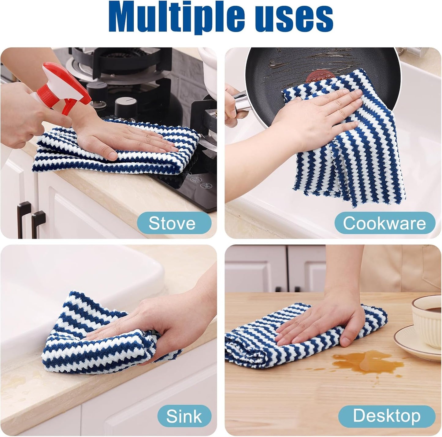 Homaxy Kitchen Towels(12 Pack, 10 x 20 inches), Ultra Soft and Absorbent Dish Towels, Reusable Fast Drying Microfiber Cleaning Cloth, Coral Velvet Wave Design No-lint, Navy Blue