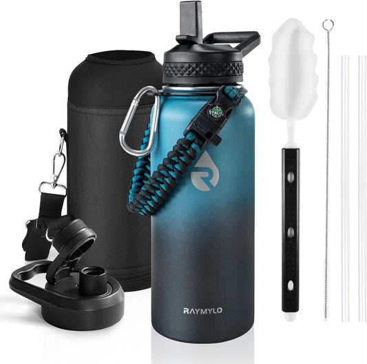 Insulated Water Bottle 32 oz, Triple Wall Vacuum Stainless Steel (Cold for 48 Hrs, Hot for 24Hrs), Leak Proof & Non-BPA, 32oz Hydro Water Flask with Paracord Handle & Straw Spout Lids