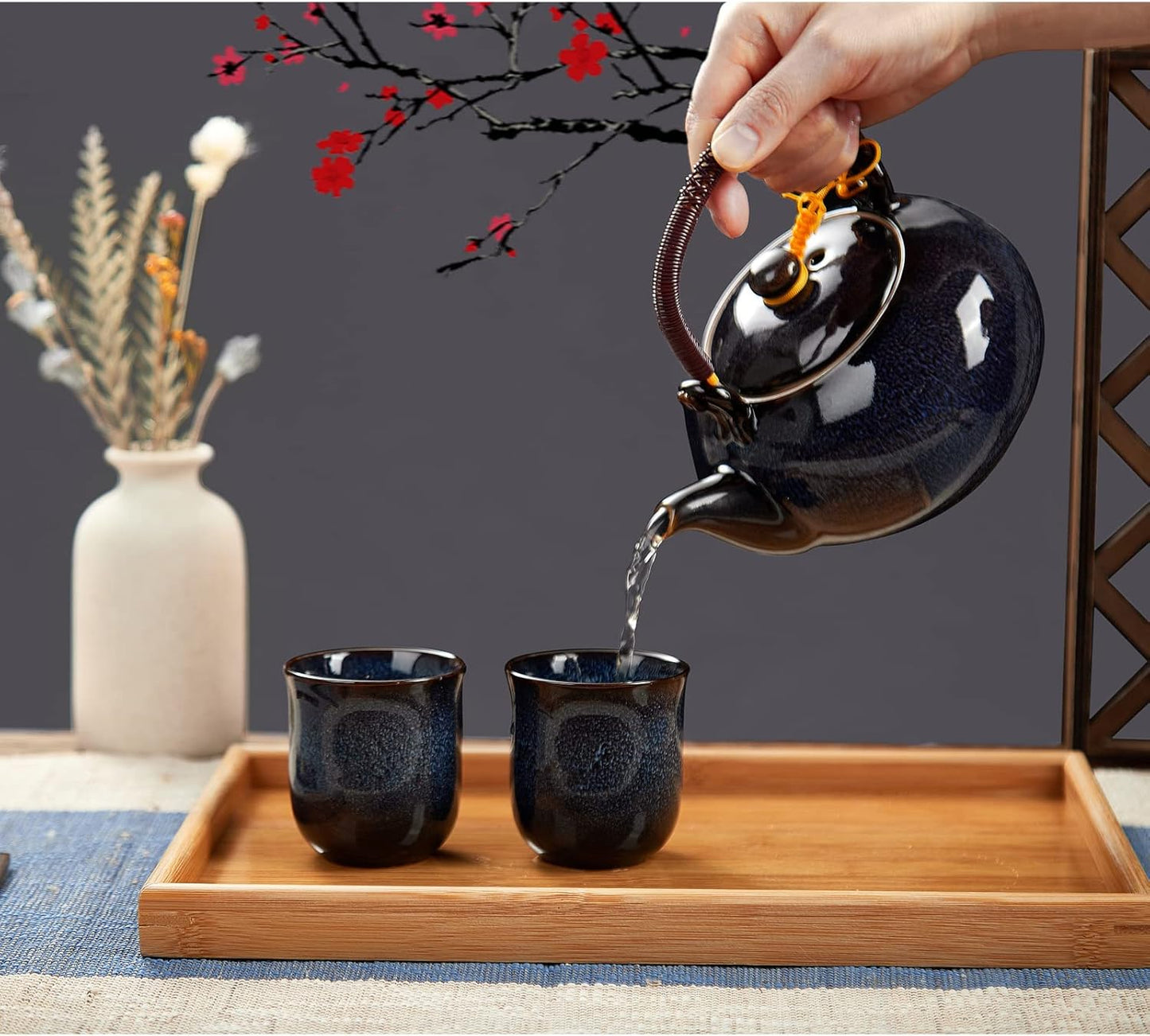 DUJUST Japanese Tea Set for 6, Kiln Altered Glaze Porcelain Tea Set with 1 Teapot, 6 Tea Cups & 1 Tea Tray, Unique Chinese Tea Sets for Adults/Tea Lovers/Women/Men, Dark Blue