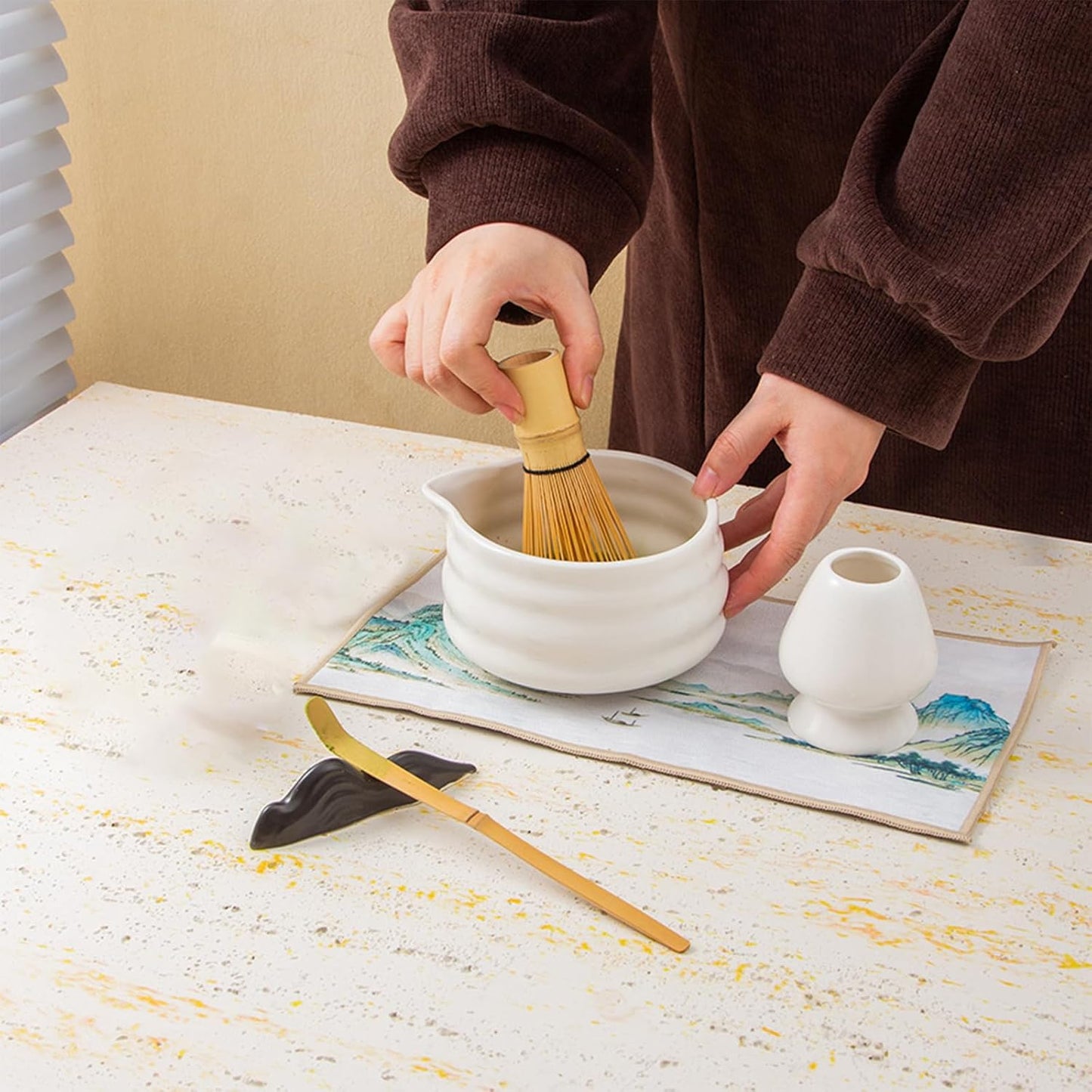 Matcha Whisk Set White, Ceramic Matcha Bowl Set with Bamboo Whisk, Holder, Scoop, Rest, Sifter and Towel – Complete 7 PCS Japanese Matcha Kit, Authentic Traditional Matcha Preparation Set