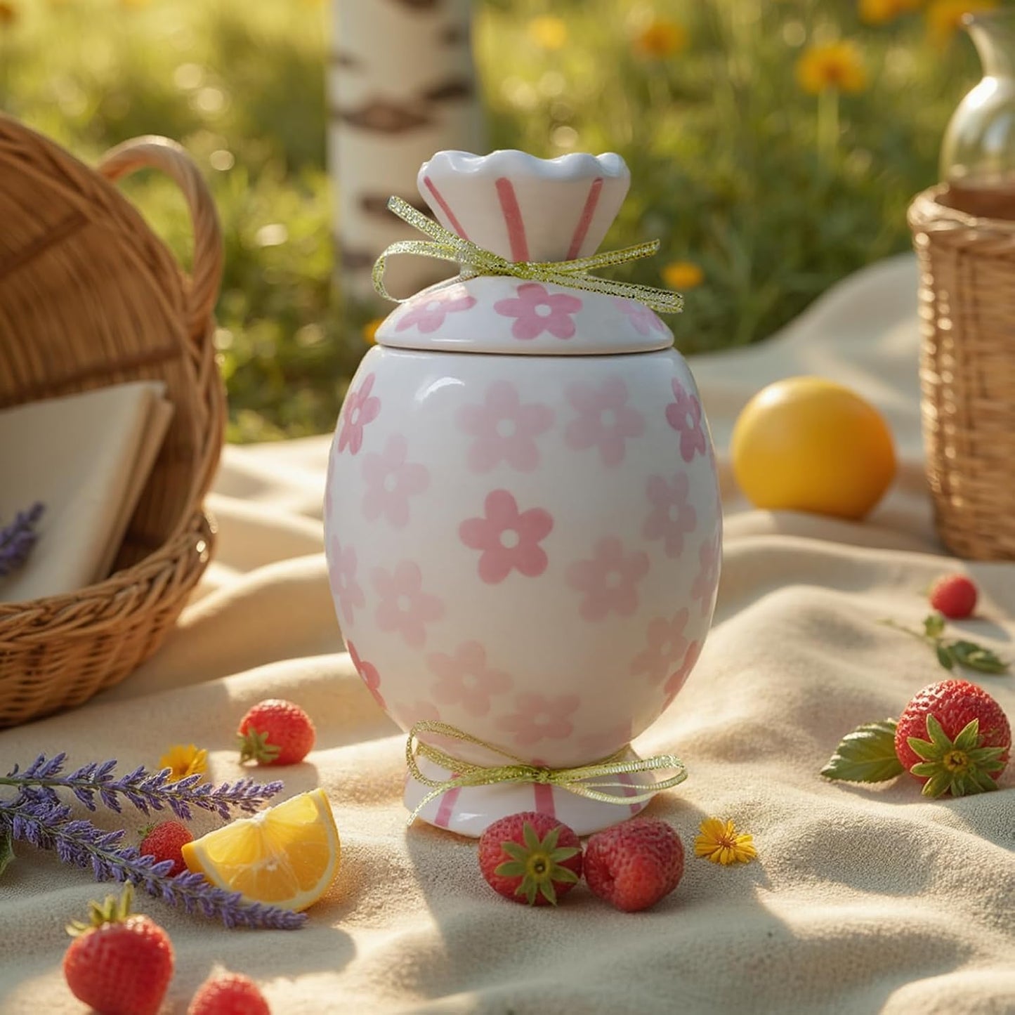 Cute Storage Jars with Airtight Lid, Funny Candy Shape Ceramic Food Container, Cookie Canister for Coffee Bean, Sugar, Tea, Spices, Cereal, Nuts, Dog Treat-700 ml / 23.7 oz(Pink Flowers)