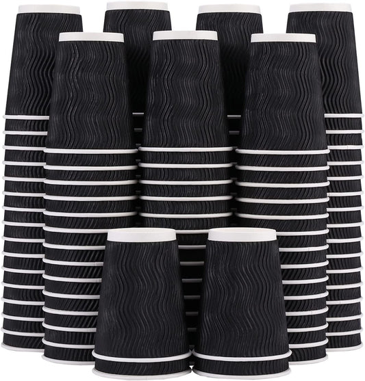 Lamosi 12 oz Disposable Coffee Cups - 120 Pack, Insulated Corrugated Paper Cups 12 oz, Kraft Ripple Wall Cups for Hot Beverage or Cold Drinks Office/Home/Party/Travel/Cafe (Black)