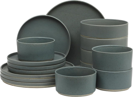 Gibson Elite Tatum Premium Porcelain Matte Reactive Glaze 16-Piece (Service for 4) Plates and Bolws Stackable Dishes Ceramic Dinnerware - Blue