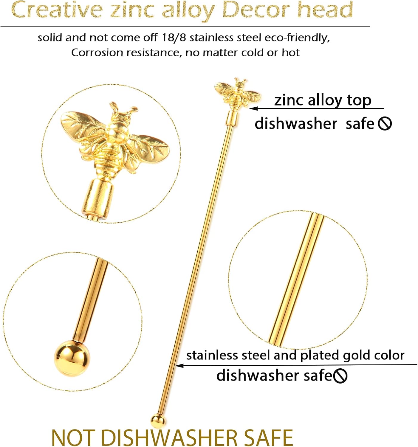 4Pcs Bumble Bee Cocktail Stirrers Swizzle Sticks Stainless Steel 7.5" Coffee Beverage Stir Sticks with Gold Decor Top for Mixing Cocktail, Hot Cocoa, Creamer