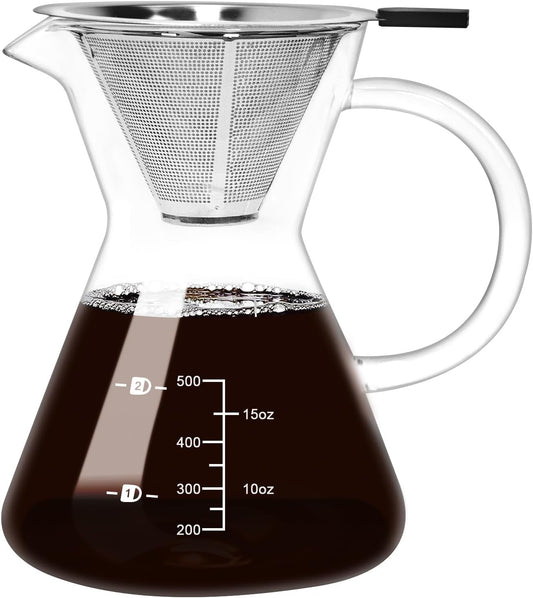 500ML(16.9oz) Glass Pour Over Coffee Maker with Double Stainless Filte - 4 Cup (Approx Refers to 4 oz. Per Cup) Thickened Heat-Resistant Paperless Pour Over Coffee Dripper Perfect Extraction for Home