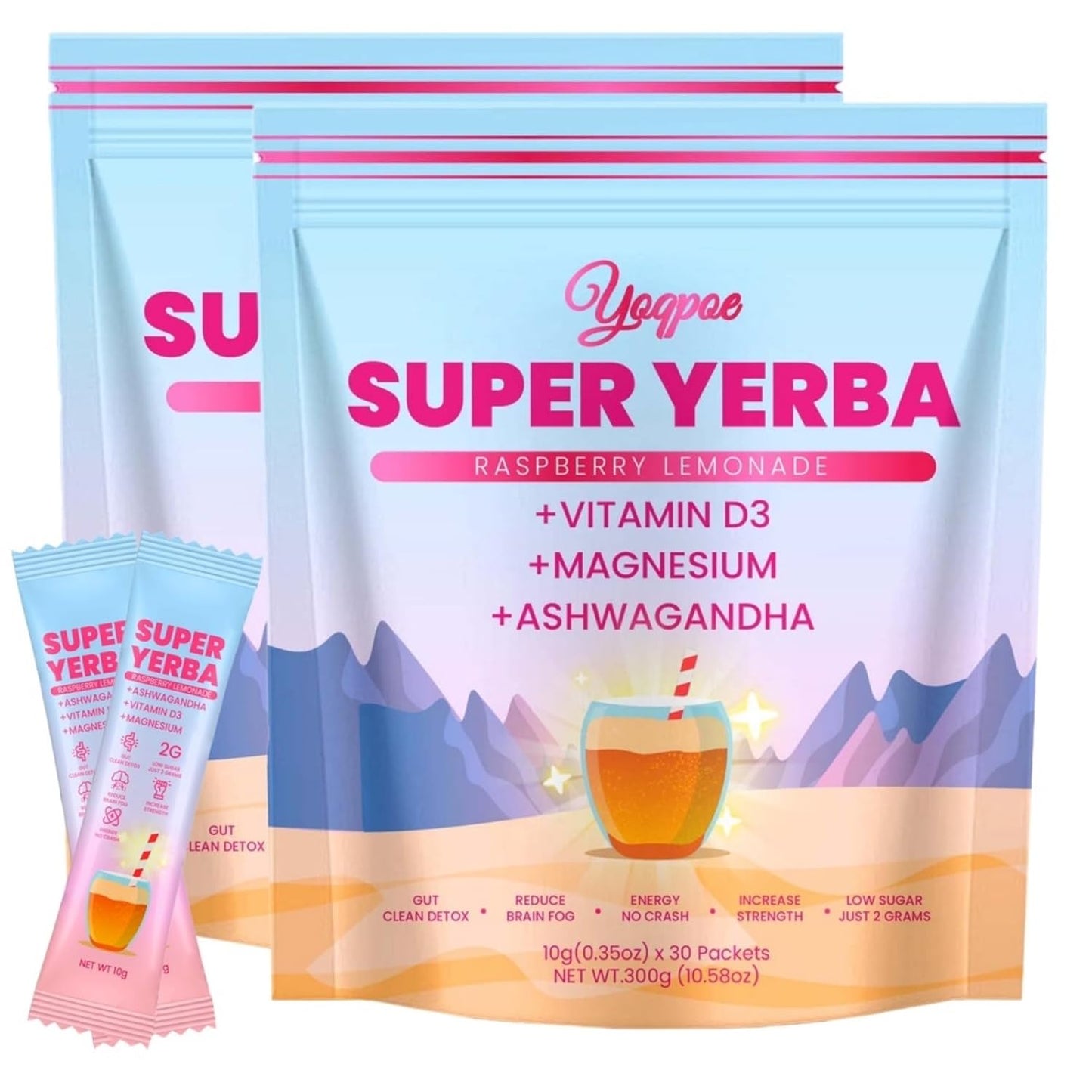 30 Servings Super Yerba Packets，Yerba Mate Instant Tea Powder，Super Yerba Raspberry Lemonade Flavor，Energy Boost,Mental Clarity and Gut Health by Ashwagandha, Prebiotics and Probiotics (2)