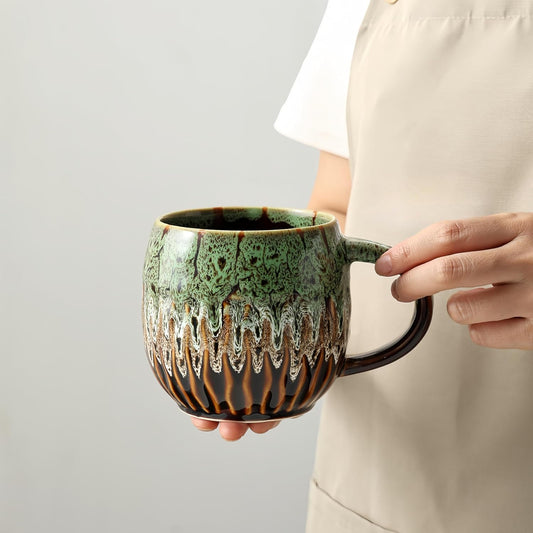 20oz Raku Glaze Coffee Mug - Unique Handcrafted Look Ceramic Cup, Large Tea Mug, Microwave & Dishwasher Safe (green)