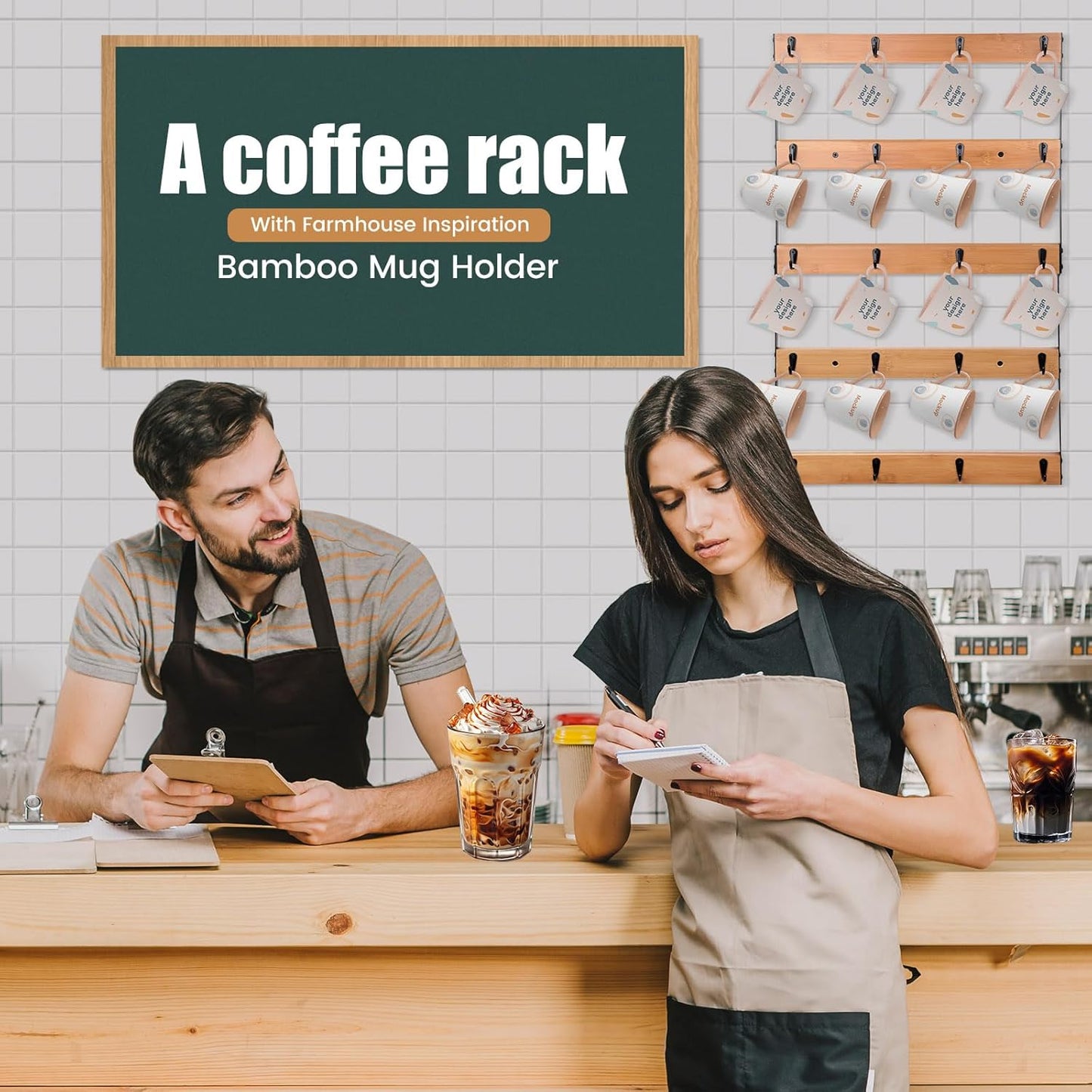 Wall Mounted Coffee Mug Holder, Large 5 Tier Shelf with 20 Hooks for Cups, Rustic Wooden Display Rack for Kitchens, Homes and Bars (Bamboo) ﻿