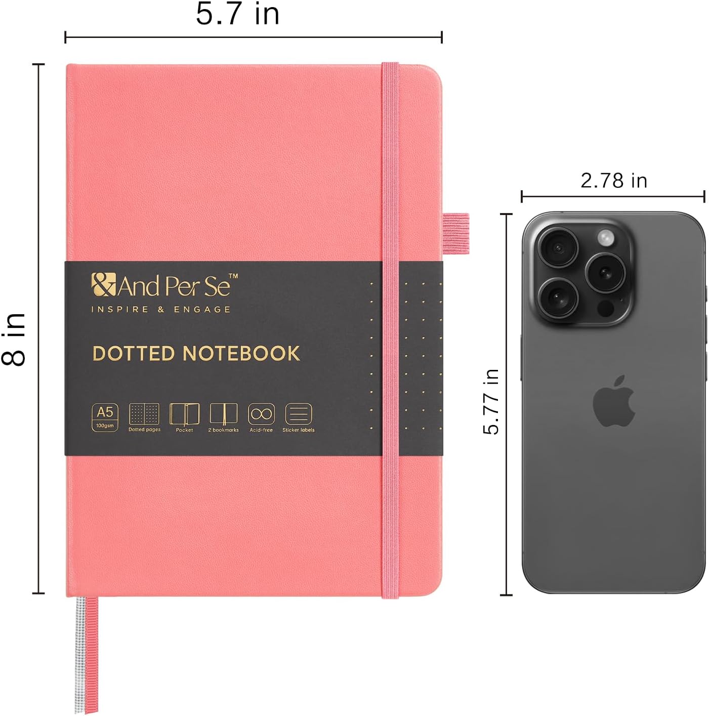 &And Per Se Dotted Journal Notebook, A5 Hardcover Leather Bullet Dotted Journal, 160 Pages 100GSM Thick Paper, 3 Sheets of Stickers Included - 5.7'' x 8'' (Rose pink)