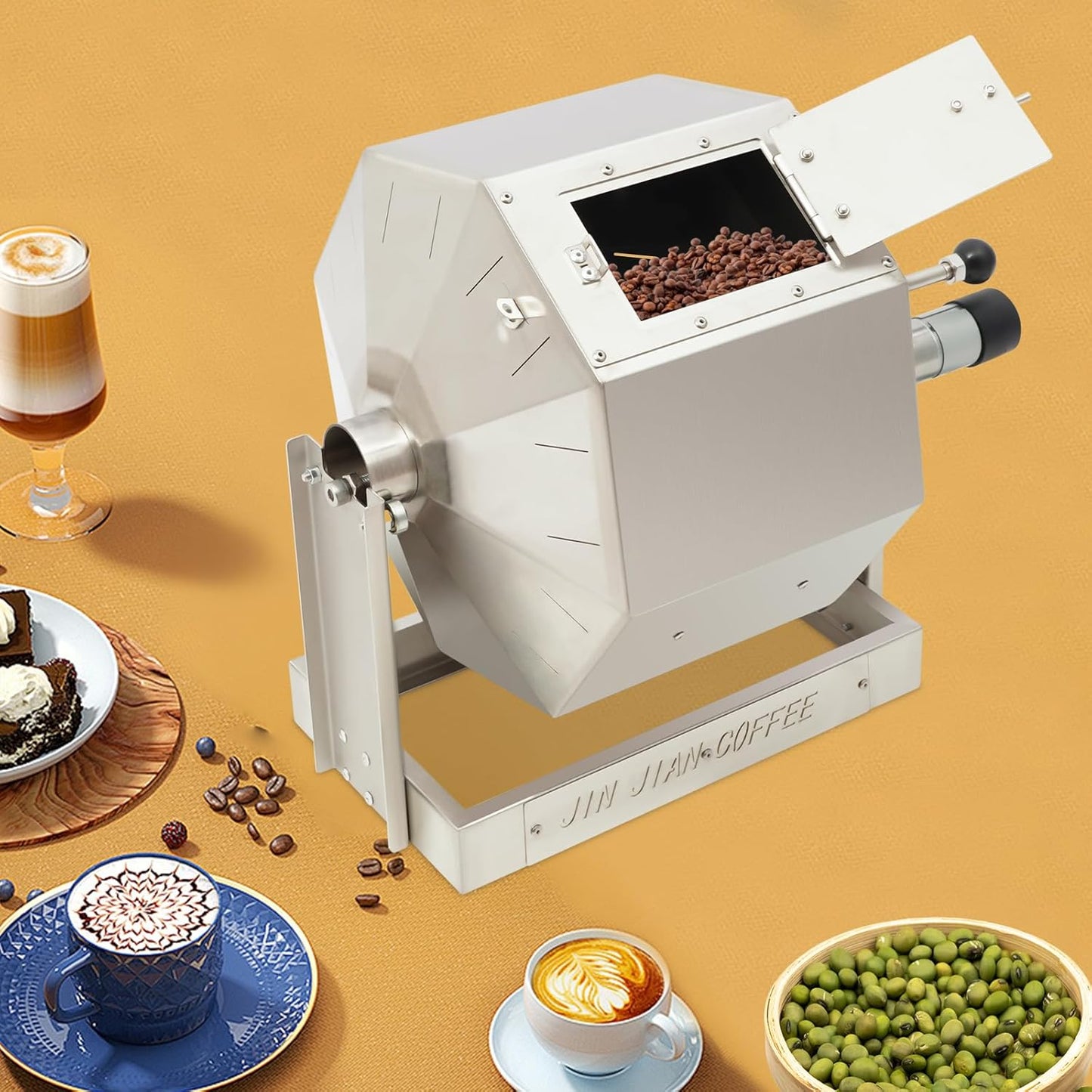 14.5L Coffee Roaster, Stainless Steel Electric Coffee Bean Roaster with Speed Controller 5-45 RPM, 14W Motor, Auto-matic Drum Type Nuts Coffee Bean Baking Machine, Home and Commercial Use Silver