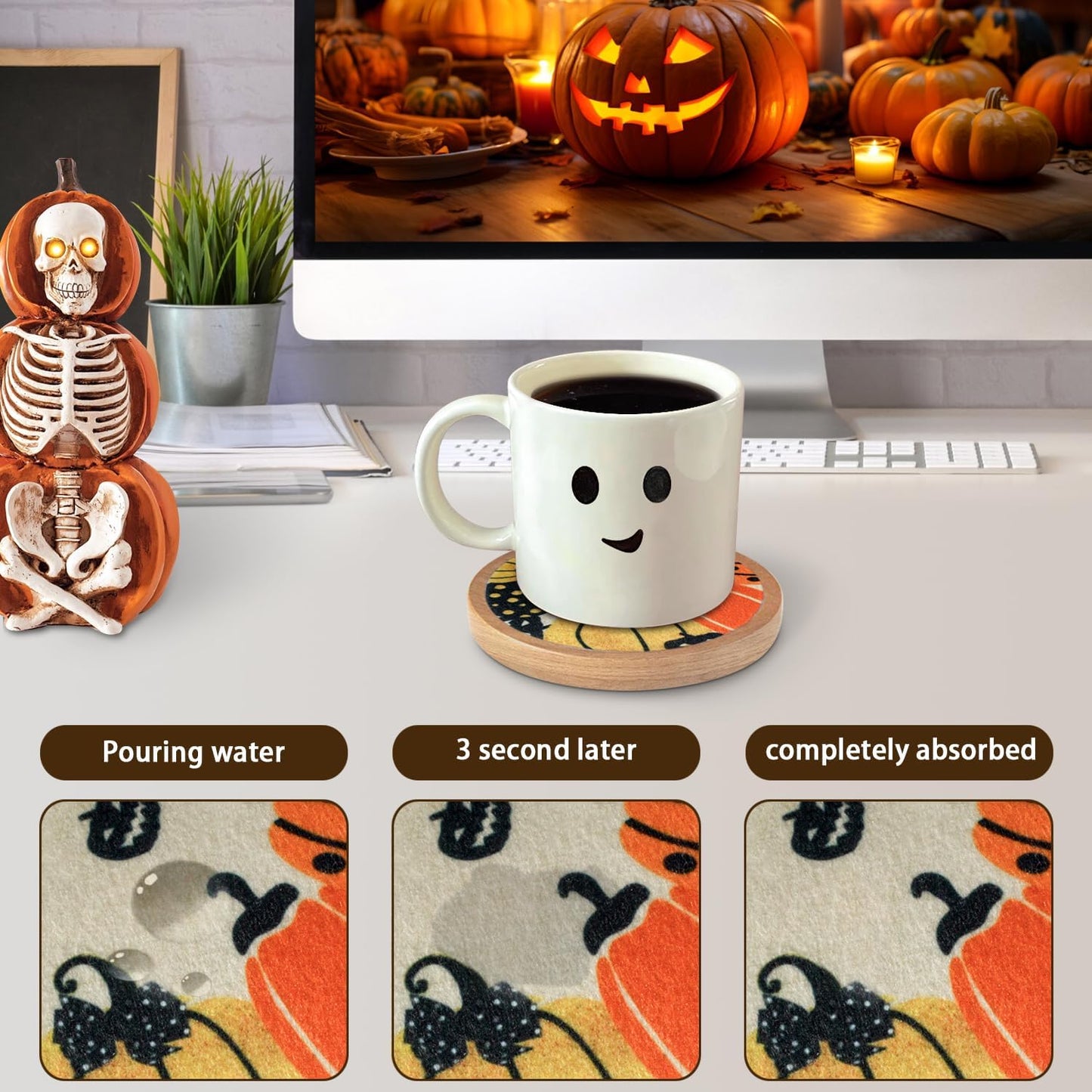 Fall Coaster Set of 6 Cewiru Halloween Coasters for Drinks Absorbent Cup Mats for Table Protection Unique Halloween Round Coasters for Coffee Table Kitchen Decor 4.3"