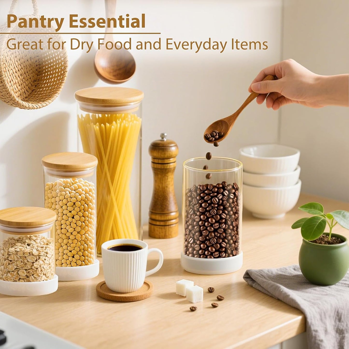 Glass Storage Containers with Bamboo Lids – 7 Pack Airtight Clear Glass Jars in Mixed Sizes (17oz/25oz/34oz/53oz/73oz) for Pantry Organization, Kitchen Dry Food, Coffee, Flour, Pasta & Snacks