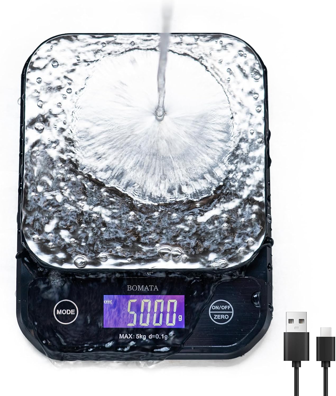 BOMATA Waterproof Kitchen Scale, 0.1g/0.01oz High Precision, 5kg/11lb, Washable, USB Rechargeable, Digital Scale for Food,Cooking, Baking, Weight Loss
