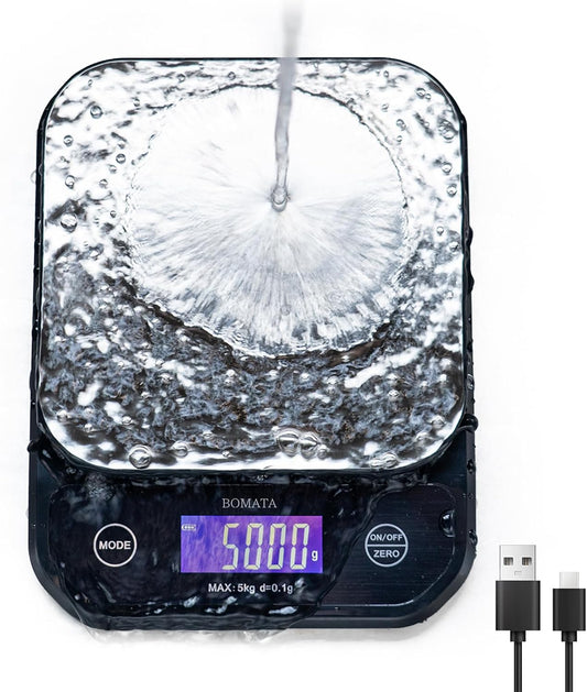 BOMATA Waterproof Kitchen Scale, 0.1g/0.01oz High Precision, 5kg/11lb, Washable, USB Rechargeable, Digital Scale for Food,Cooking, Baking, Weight Loss