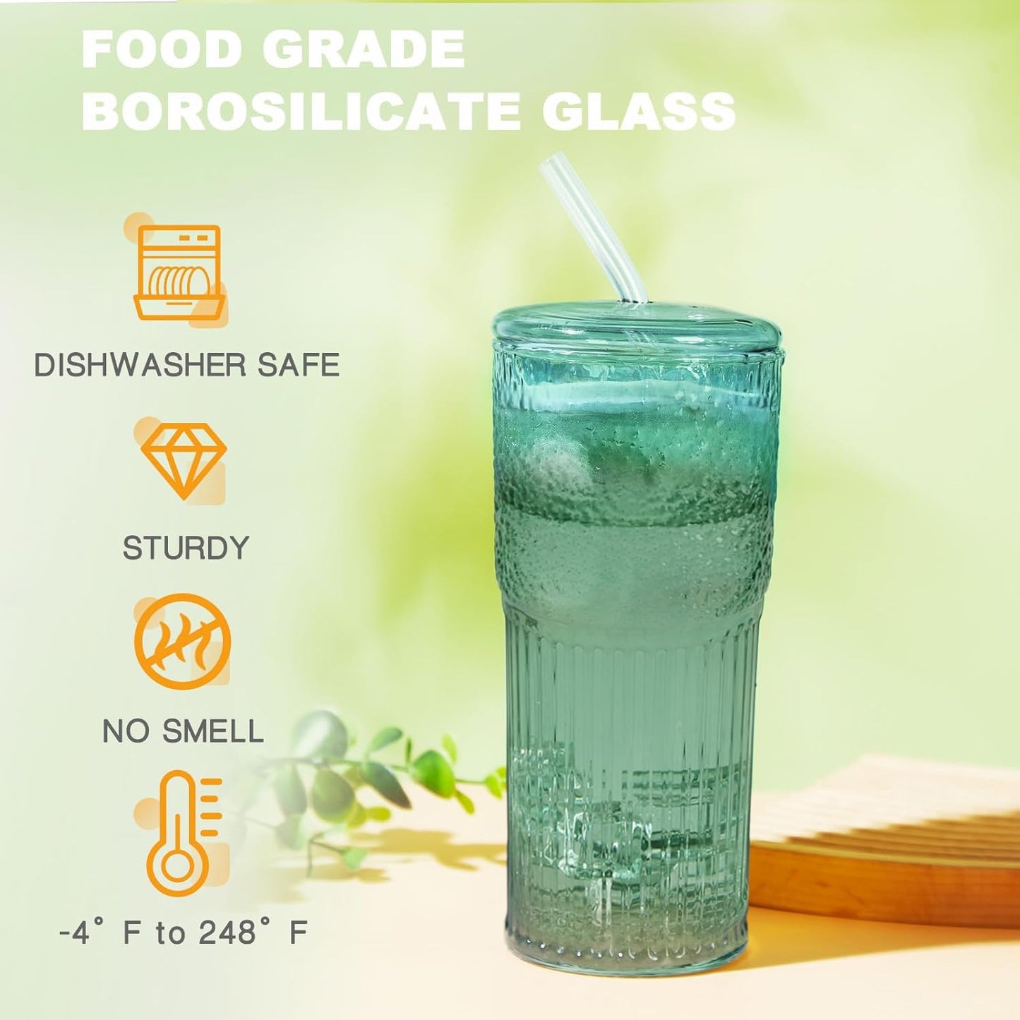 Glass Coffee Cups with Lids and Straws, 20 OZ Green Iced Water Glasses Tumblers for Ice Juice, Tea, Milk, Smoothie and Cold or Hot Drinks, Set of 2