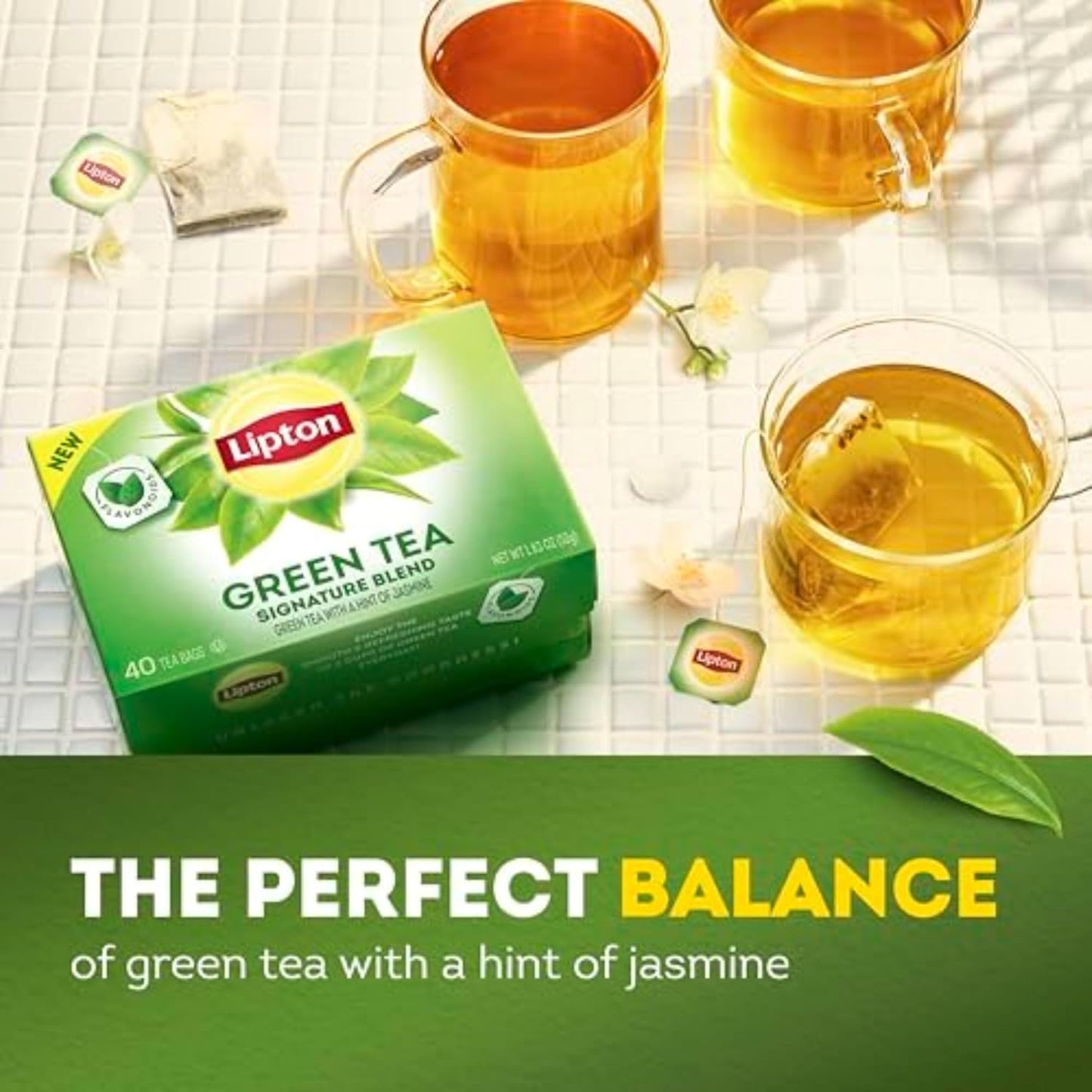 Lipton Signature Blend Green Tea Bags, Unsweetened Teabags for Hot Tea or Iced Tea with Caffeine and Flavonoids, 40 Total Tea Bags