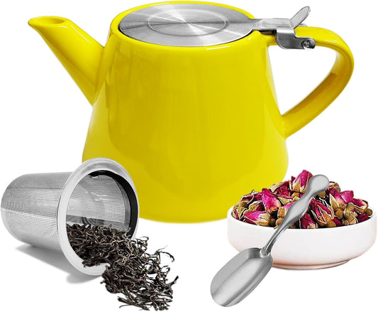 Ceramic teapot, 19oz Tea pot for loose leaf tea, Tea infuser pot with Removable 18/8 Stainless Steel Infuser and teaspoon, Suitable for 1-2 people to brew tea or coffee (yellow)
