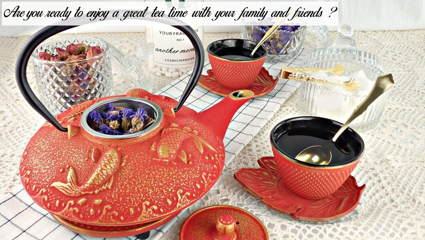 7PC Japanese Tea Set."Red Koi" Cast Iron Tea Pot with 2 Tea Cups, 2 Saucers, Tea Infuser and Teapot Trivet. Ceremonial Matcha Accessories