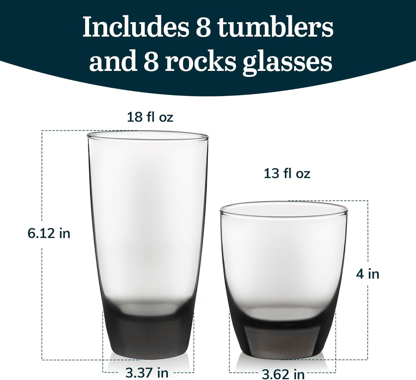 Libbey Classic Rocks and Tumbler Glasses Set of 16, Smoke Hue, Lead-Free Water Glasses, Dishwasher Safe Drinking Glasses Set