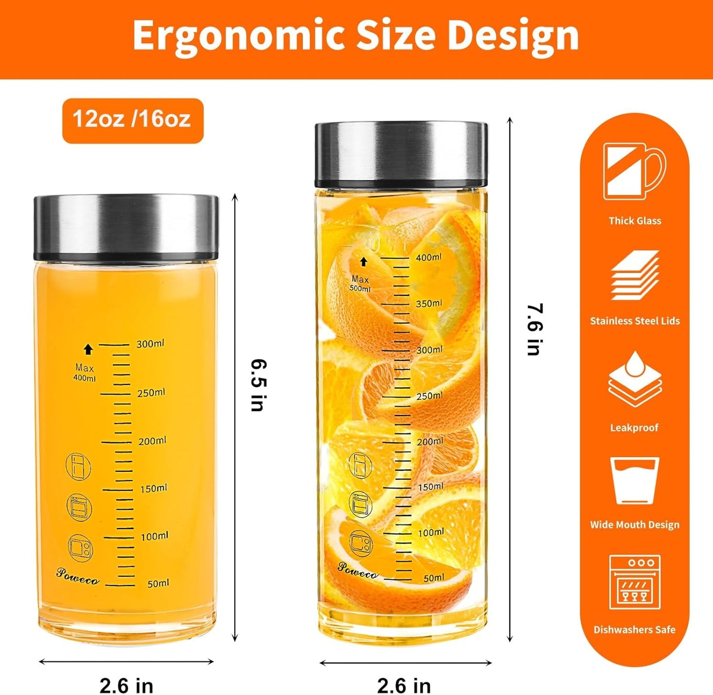 Glass Juice Bottles 4 Pack 12 oz - Wide Mouth Glass Water Bottles with Lids - for Juicing, Protein, Smoothie, Milk, Reusable, BPA Free, Stainless Steel Lids, Blender, Shaker Bottle (12oz/400ml)