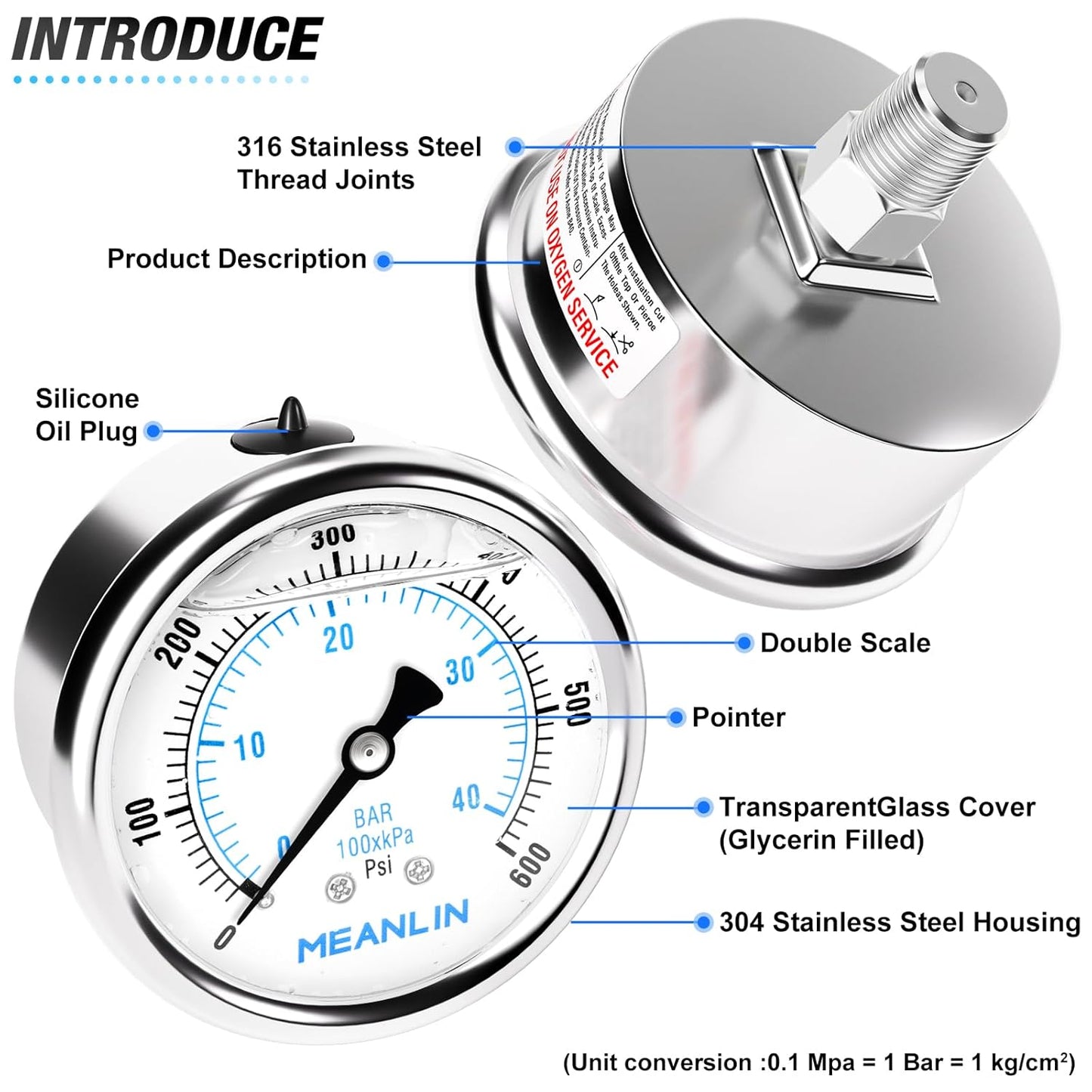 MEANLIN MEASURE 0~600Psi Liquid Filled Pressure Gauge Stainless Steel with 316 Stainless Steel Joint 1/4" NPT 2.5" FACE DIAL for WOG Water Oil Air Center Back Mount