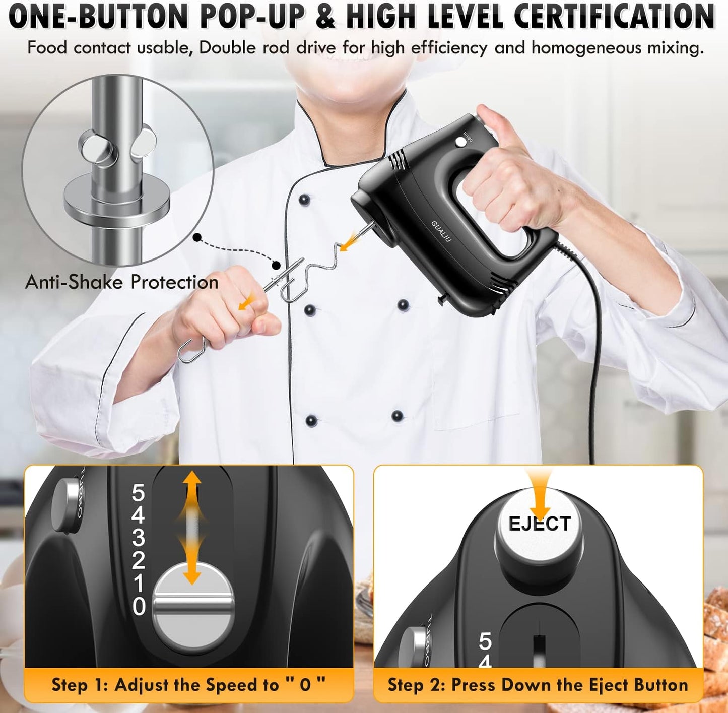 Electric Hand Mixer with Stainless Steel Whisk, Dough Hook Attachment and Storage Bag, Handheld Mixer for Baking Cakes, Eggs, Cream Food Mixers. Turbo Boost /5 Speed Kitchen Blender